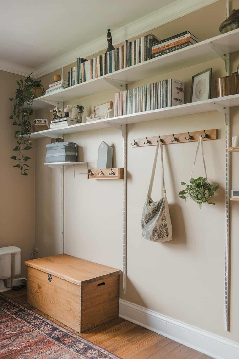 A well-organized wall with shelves, books, and hooks for bags and plants.