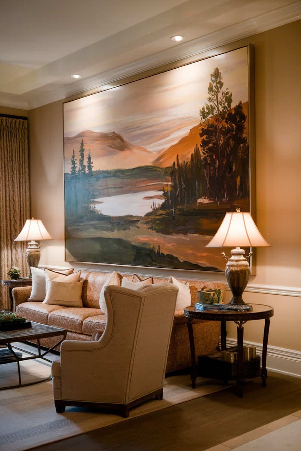 A living room with a large landscape painting above a sofa, creating a focal point.