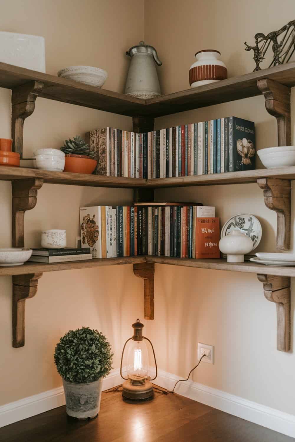 Corner shelves filled with books and decorative items in a cozy kitchen setting.