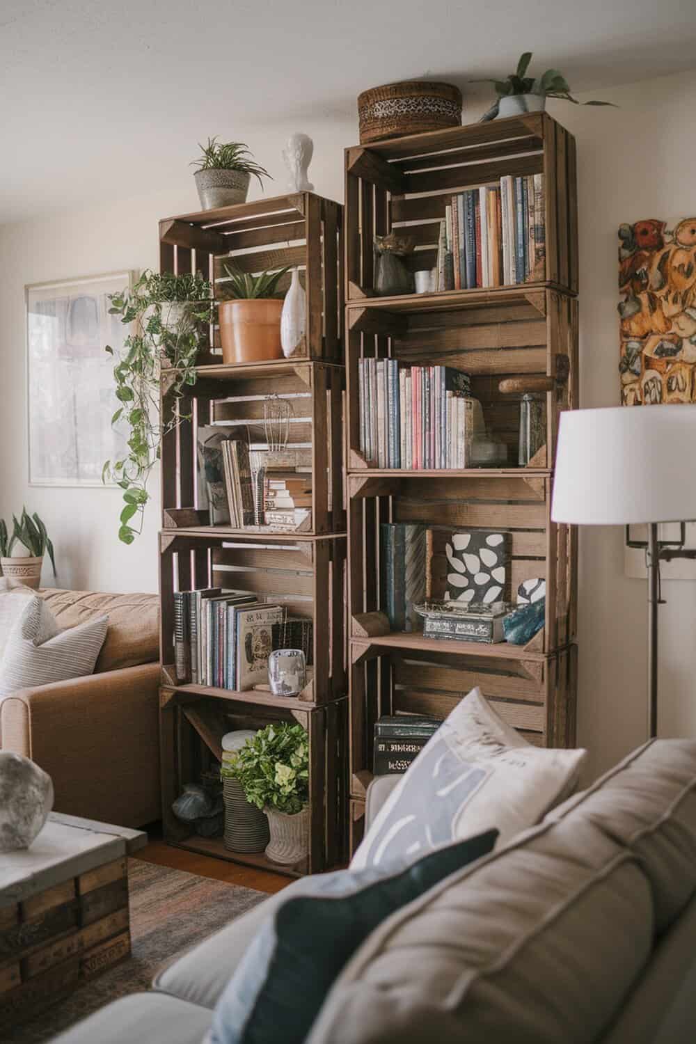 A cozy living room featuring stacked wine crates used as shelves, displaying books and plants.