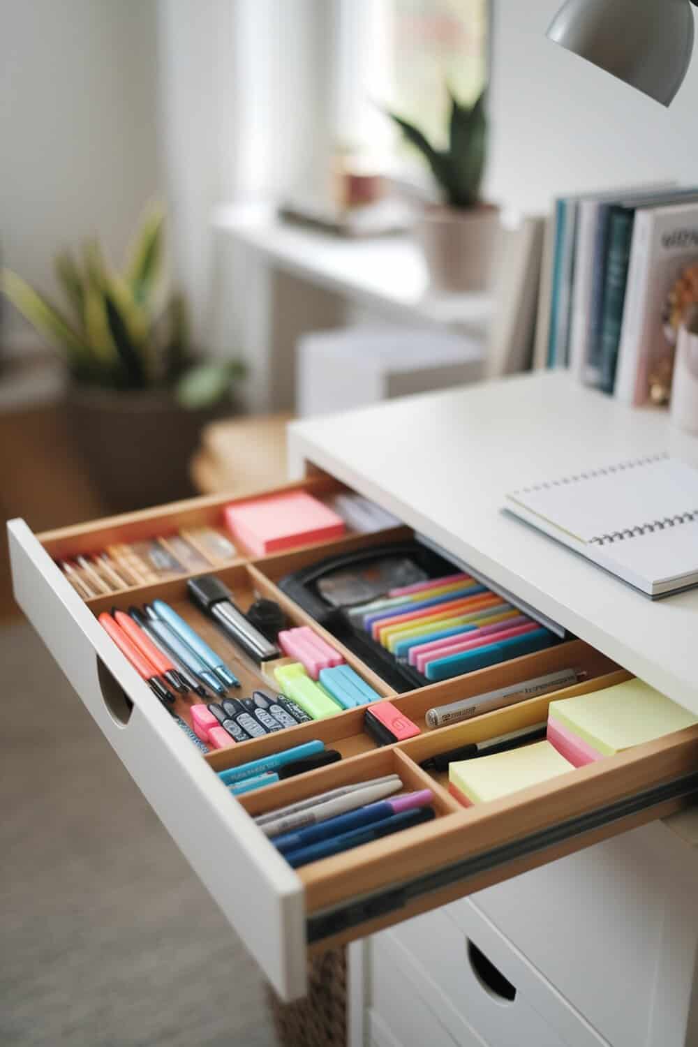 A neatly organized drawer with colorful pens, sticky notes, and markers separated by wooden dividers.