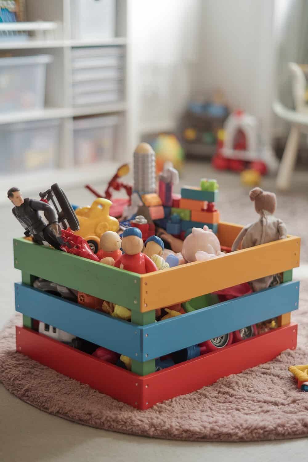 Colorful wooden crate filled with various toys