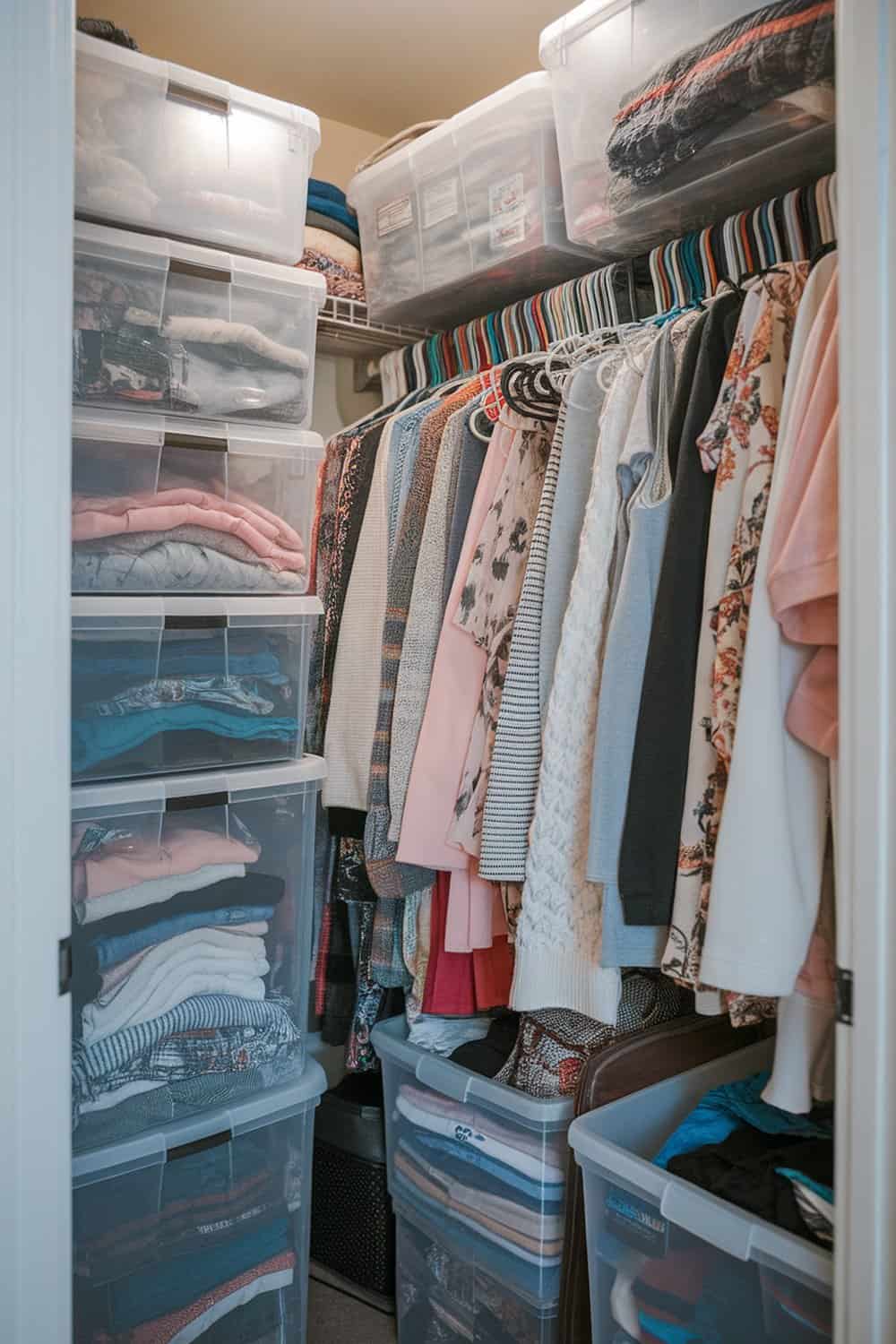 A closet with clear storage boxes filled with folded clothes, showcasing an organized wardrobe.