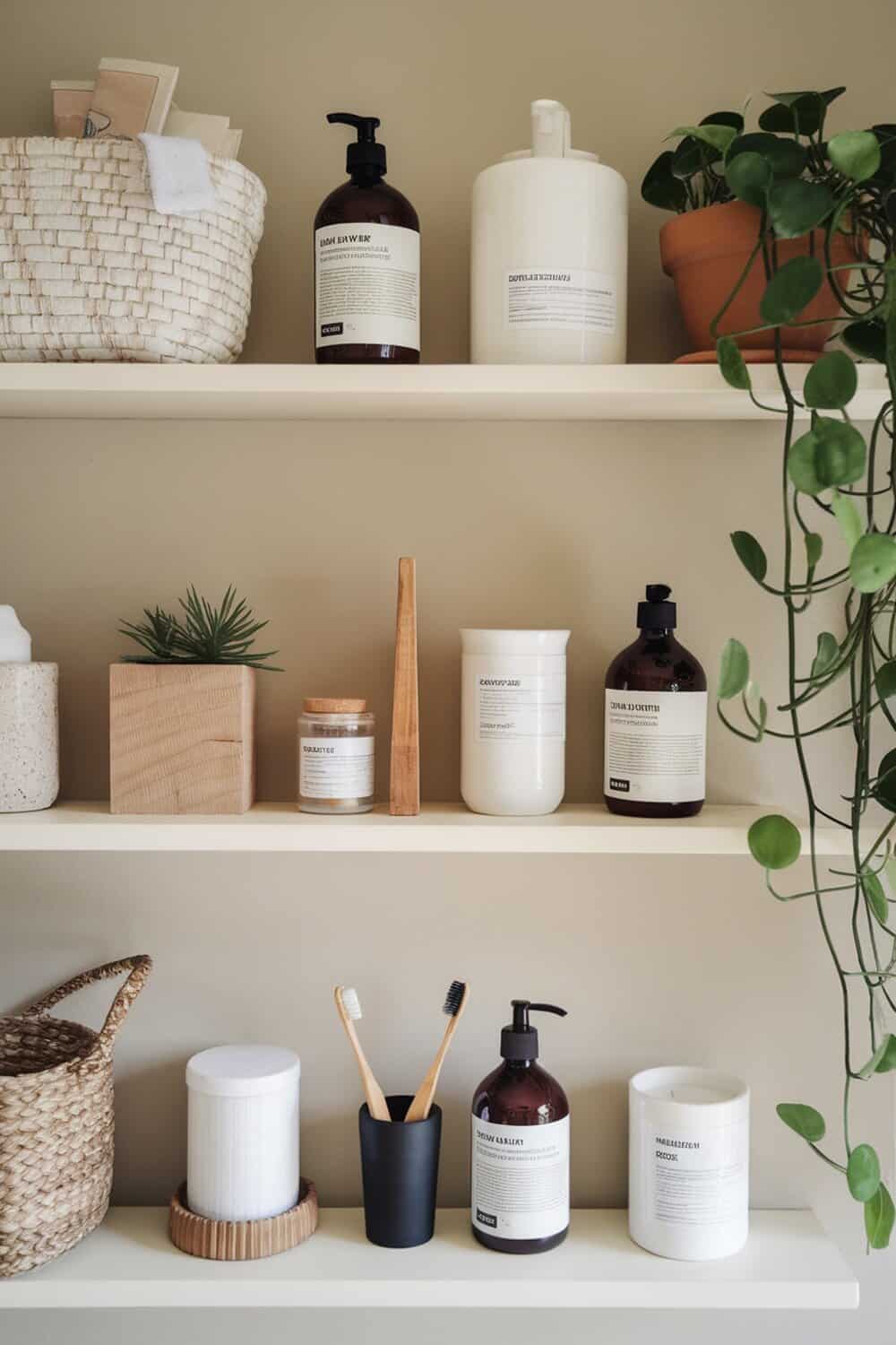 Organized bathroom shelf with toiletries and plants.