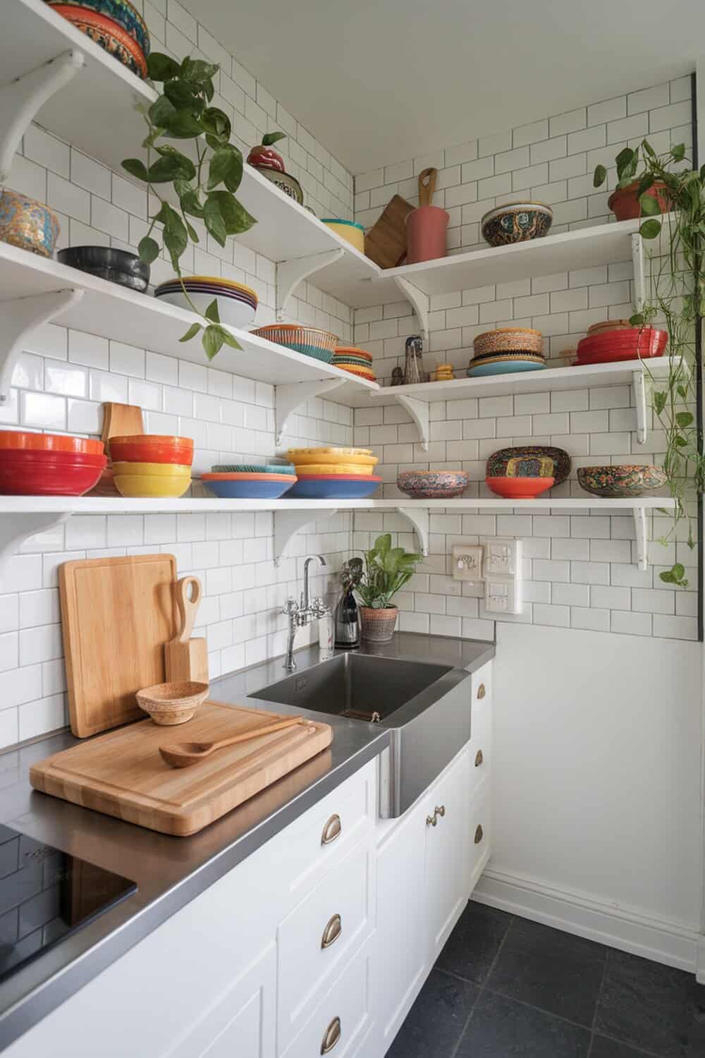 A small kitchen with open shelving displaying colorful bowls and plants.