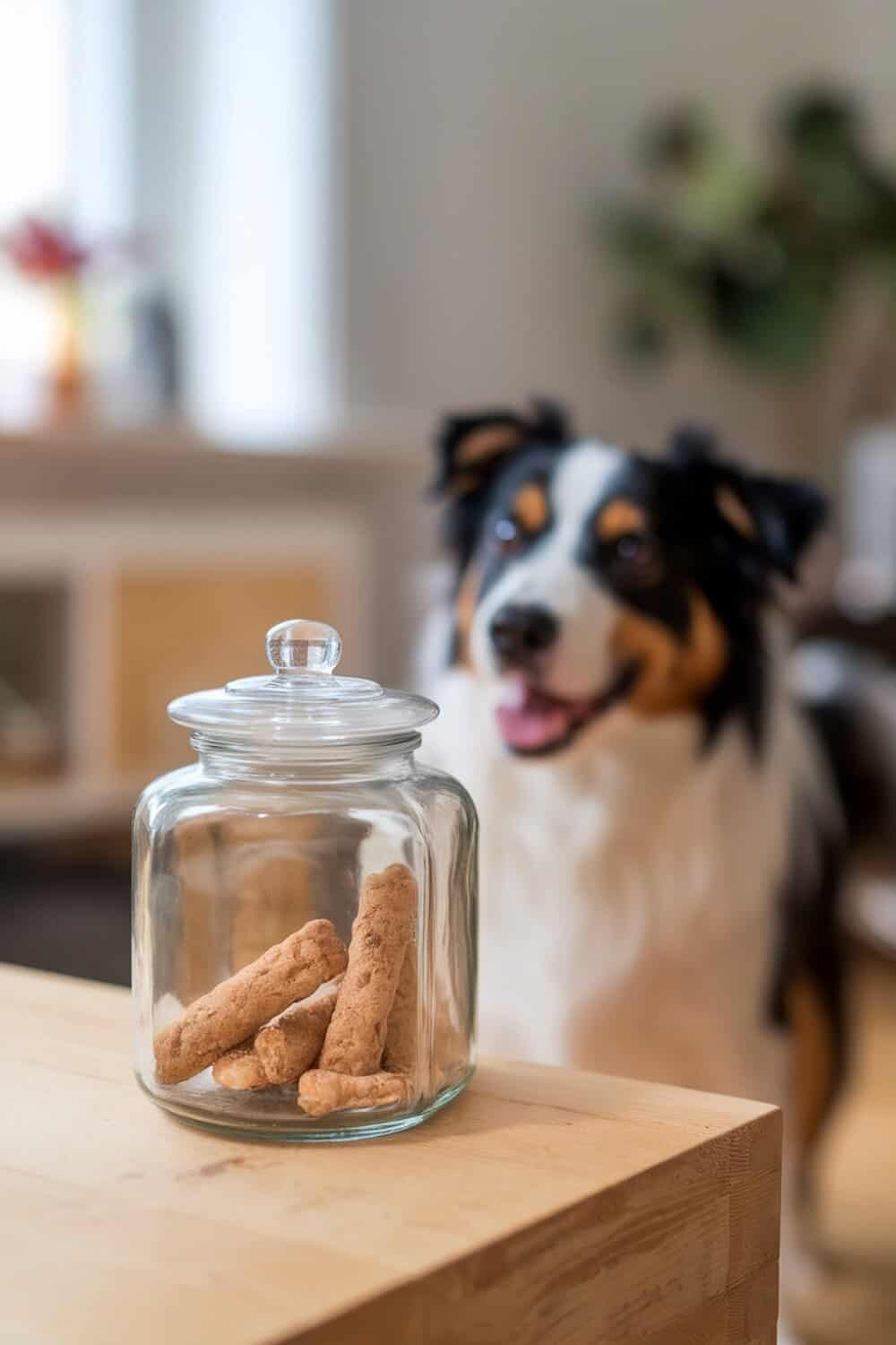 A jar of homemade dog treats with a happy dog in the background.