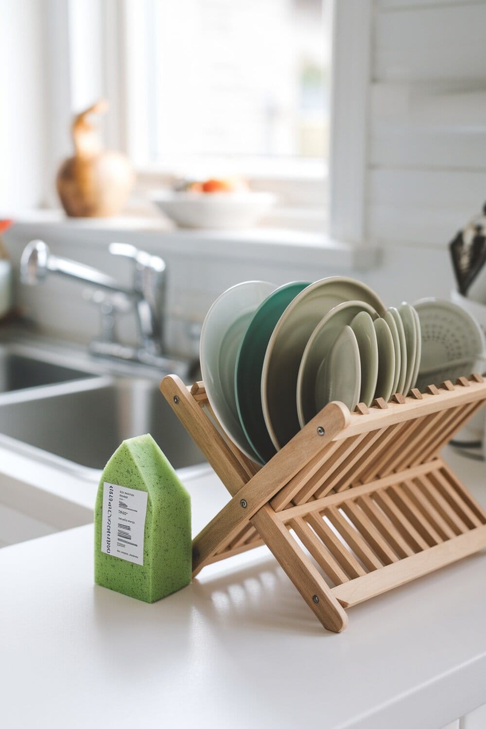 A biodegradable sponge next to a dish rack with clean plates.