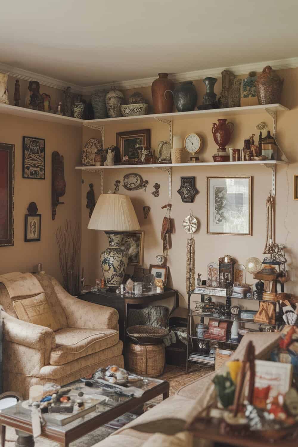 A cluttered living room filled with decorative items and knick-knacks.