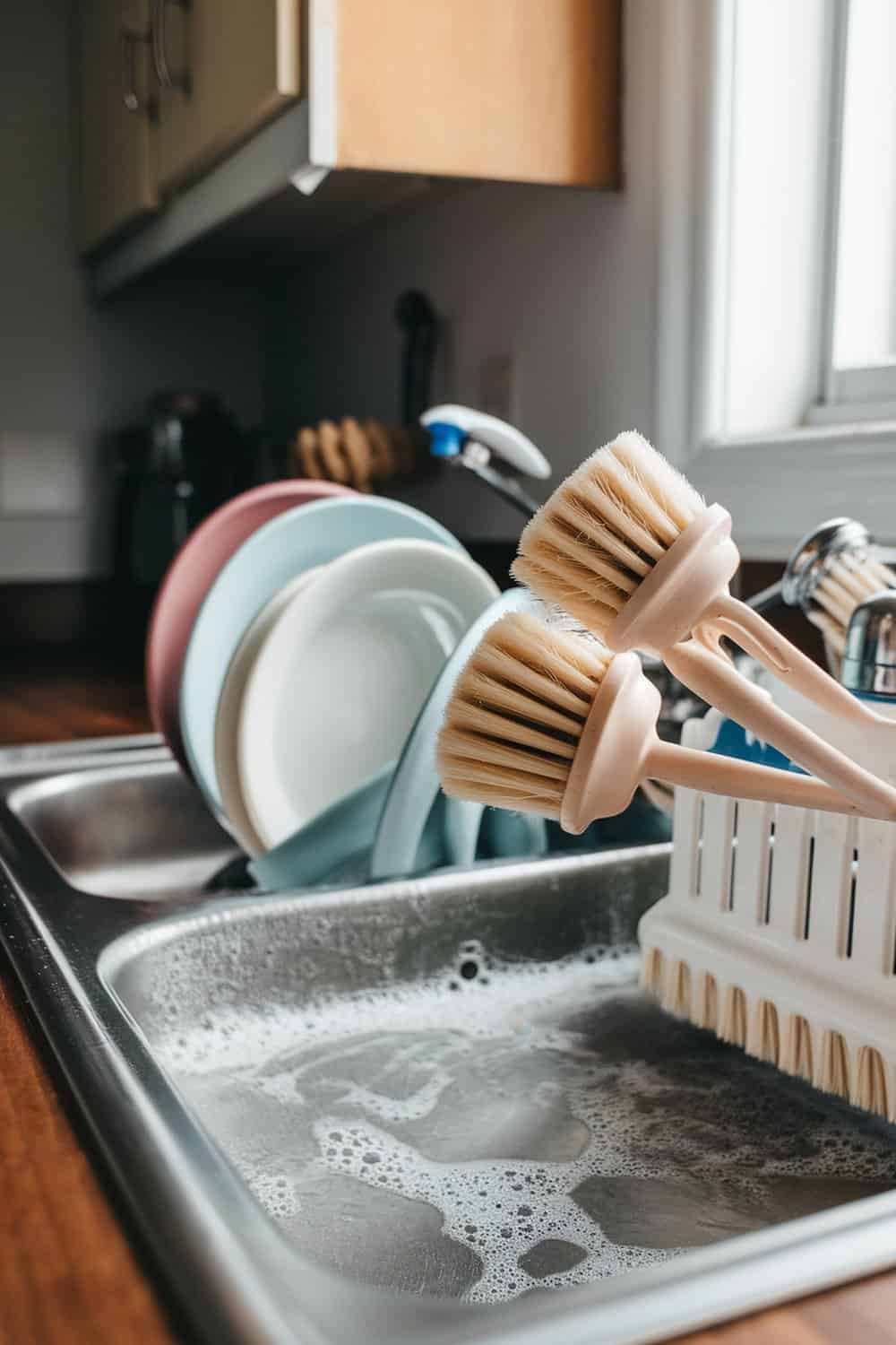 A pair of scrub brushes resting on the edge of a sink filled with soapy water and clean dishes.