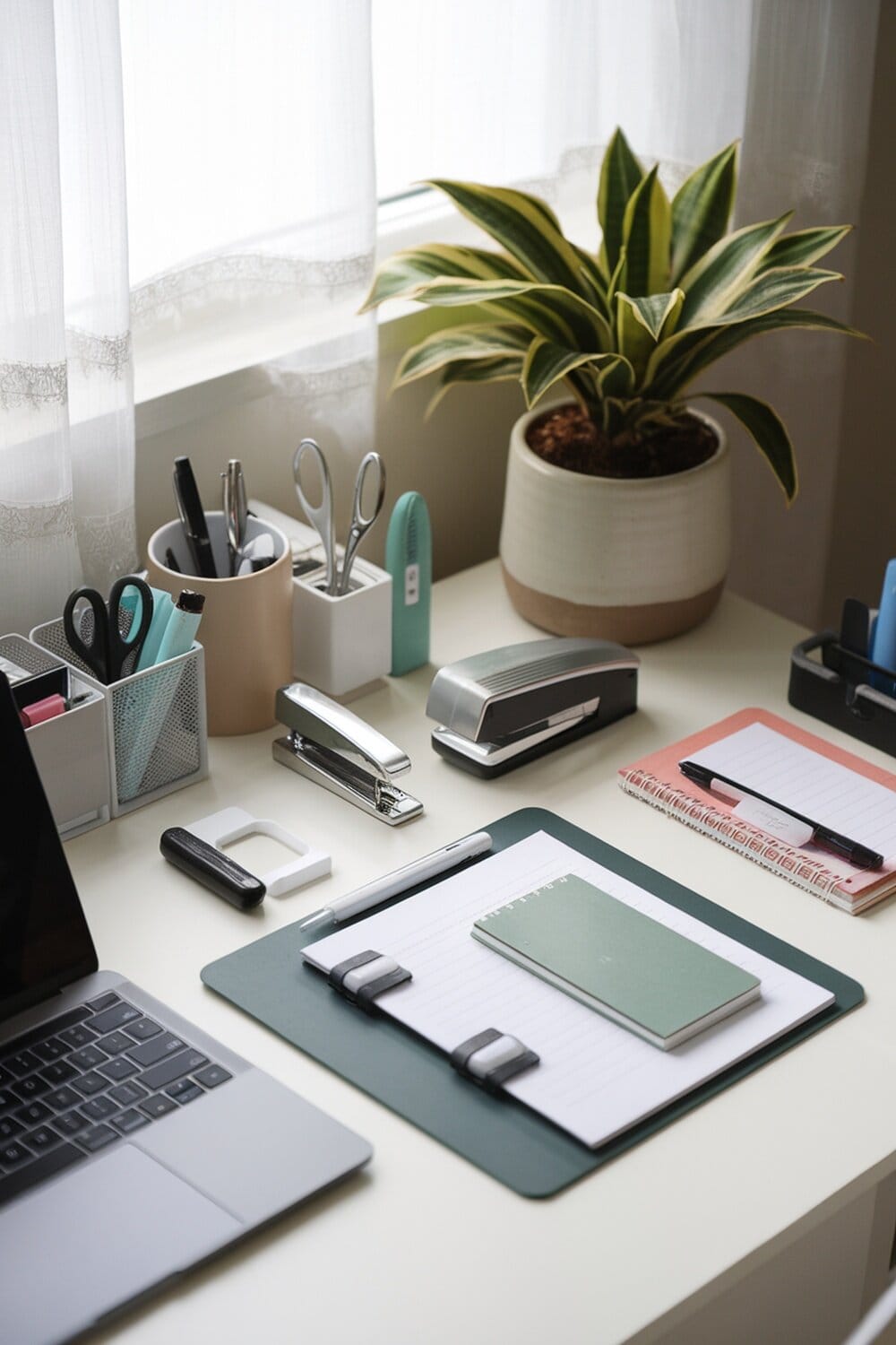 A well-organized home office desk with a laptop, stationery, and a plant.