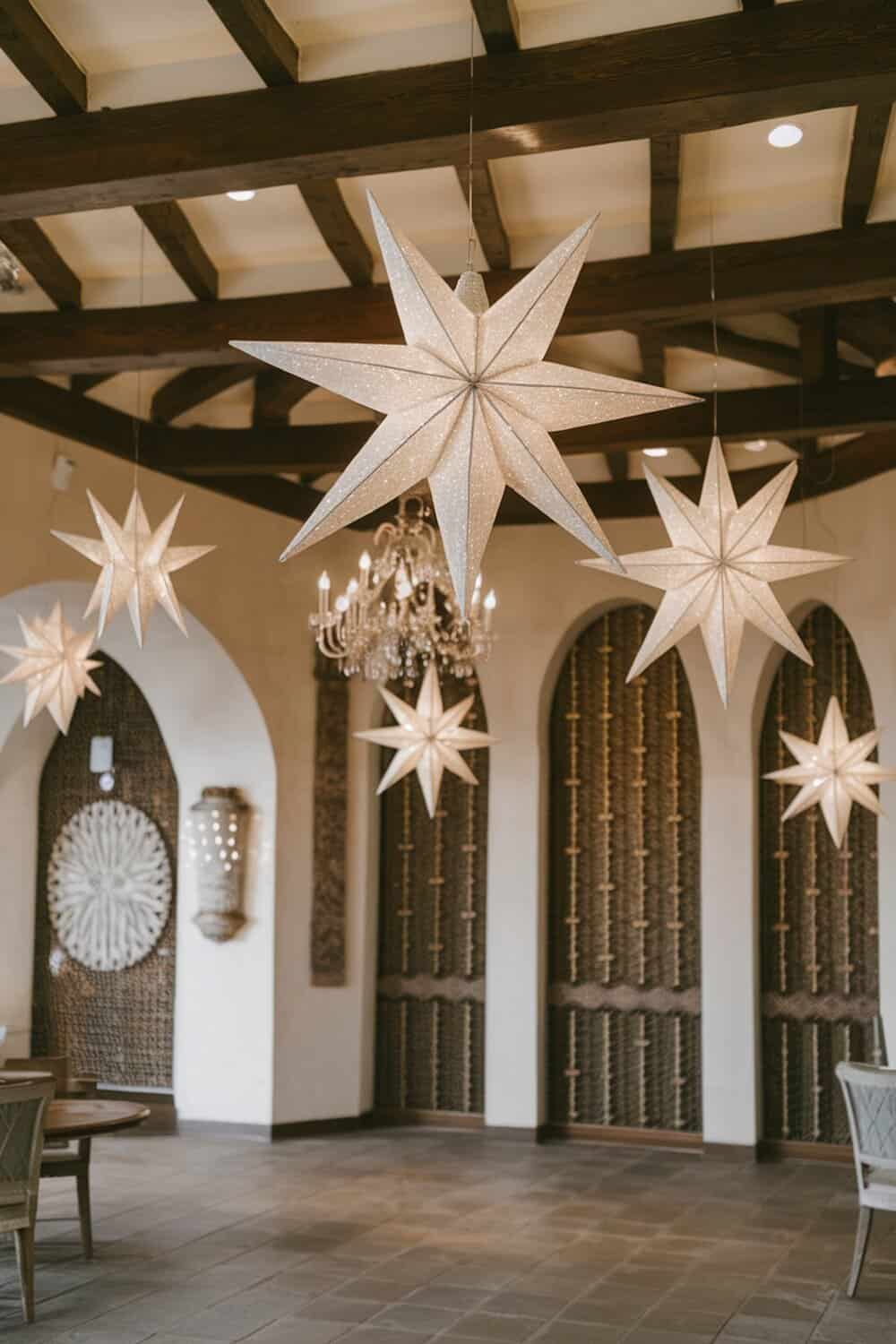 Decorative paper mache stars hanging in a room