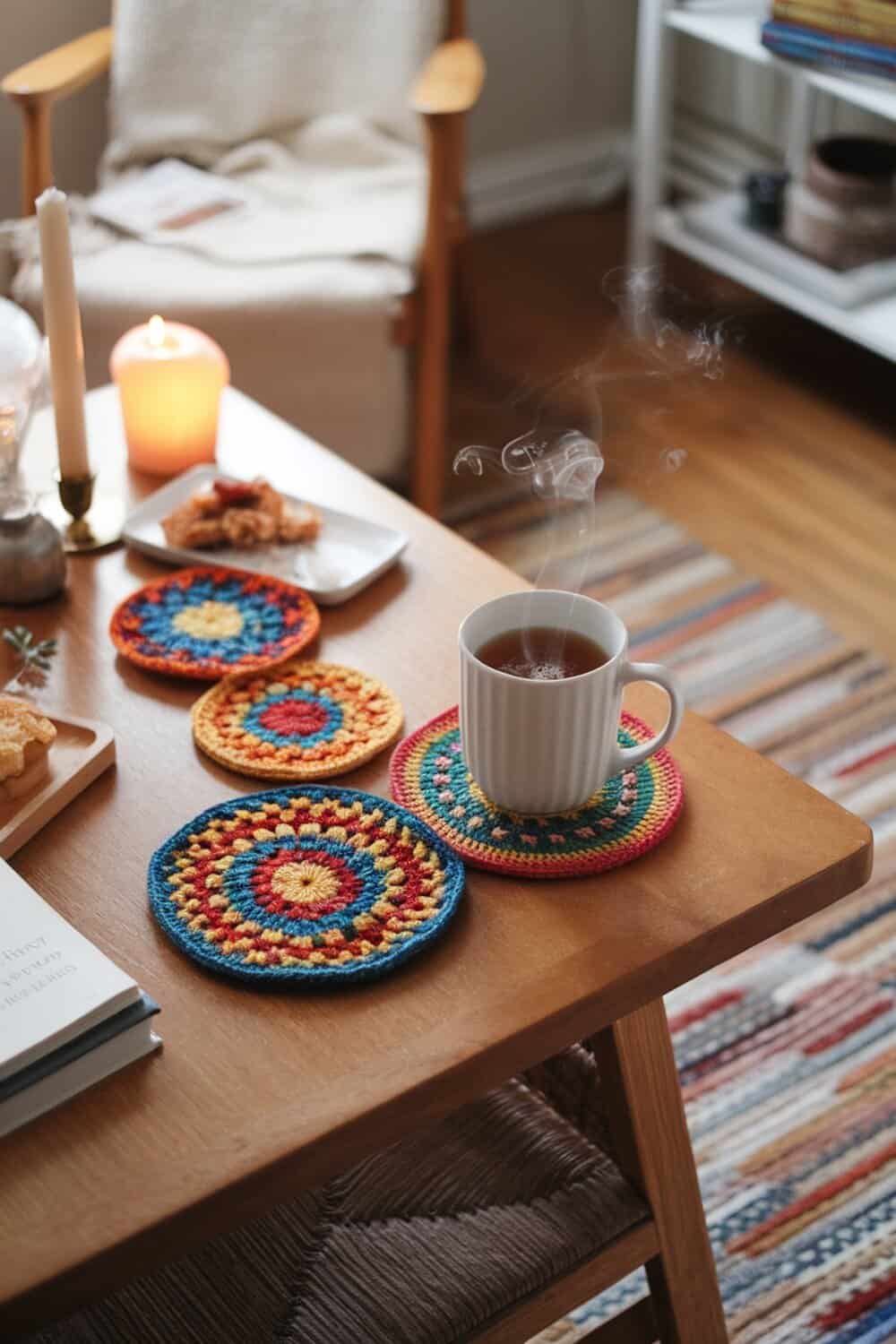 Colorful crocheted coasters on a wooden table with a steaming cup of tea.