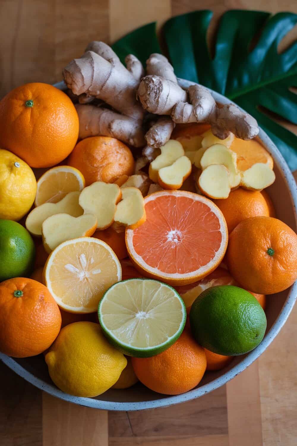 A bowl filled with various citrus fruits and ginger root.