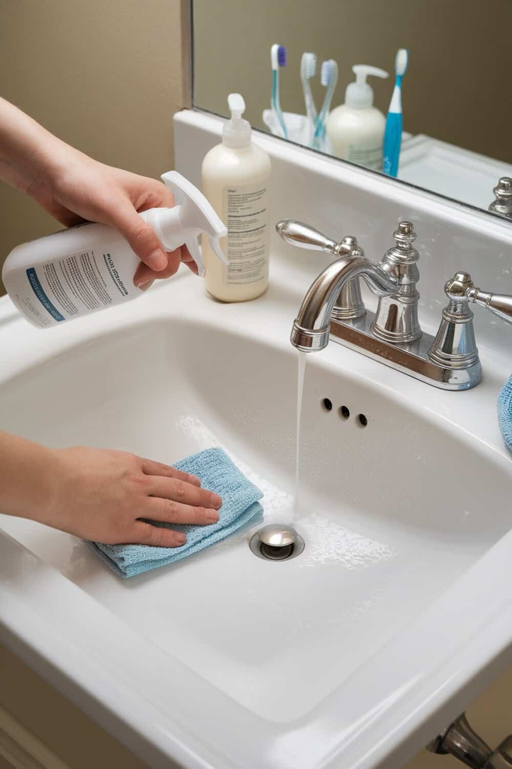 A person cleaning a bathroom sink with a blue cloth and spray cleaner.