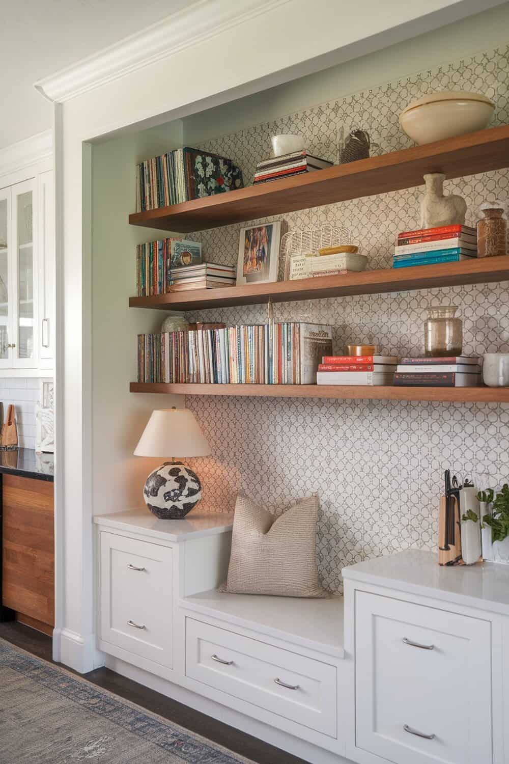 Built-in shelving in a kitchen nook with books, decor, and a lamp.