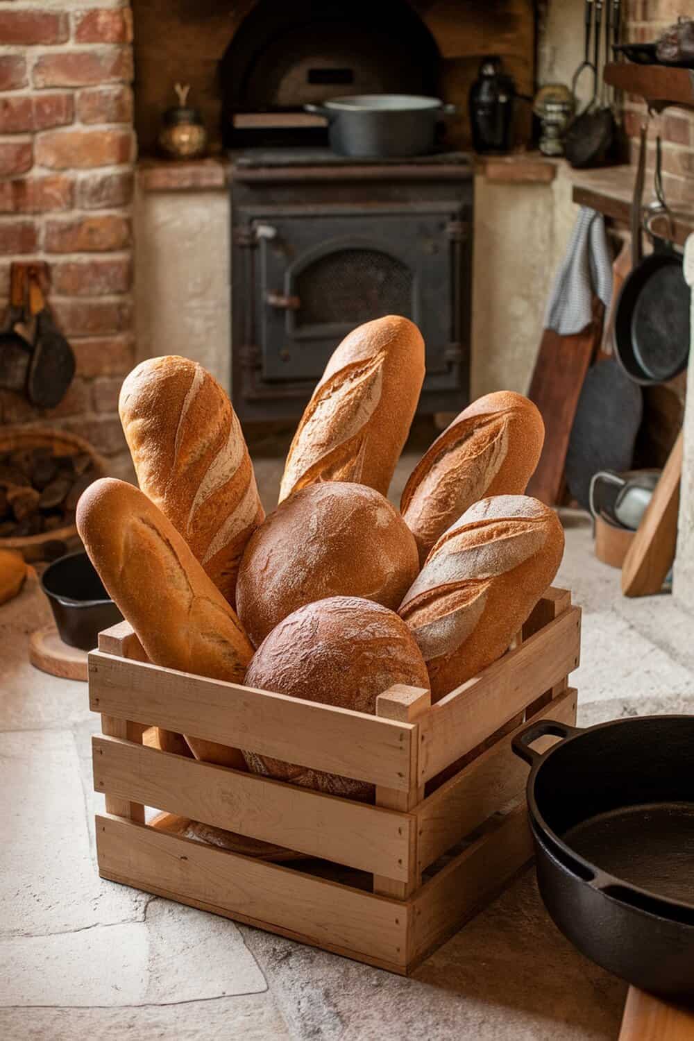 A wooden crate filled with various types of artisan bread.