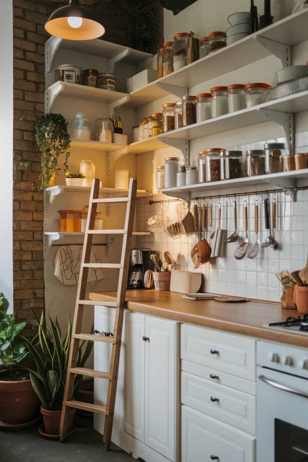 A small kitchen with white shelves filled with jars, plants, and kitchen tools, featuring a wooden ladder for access.