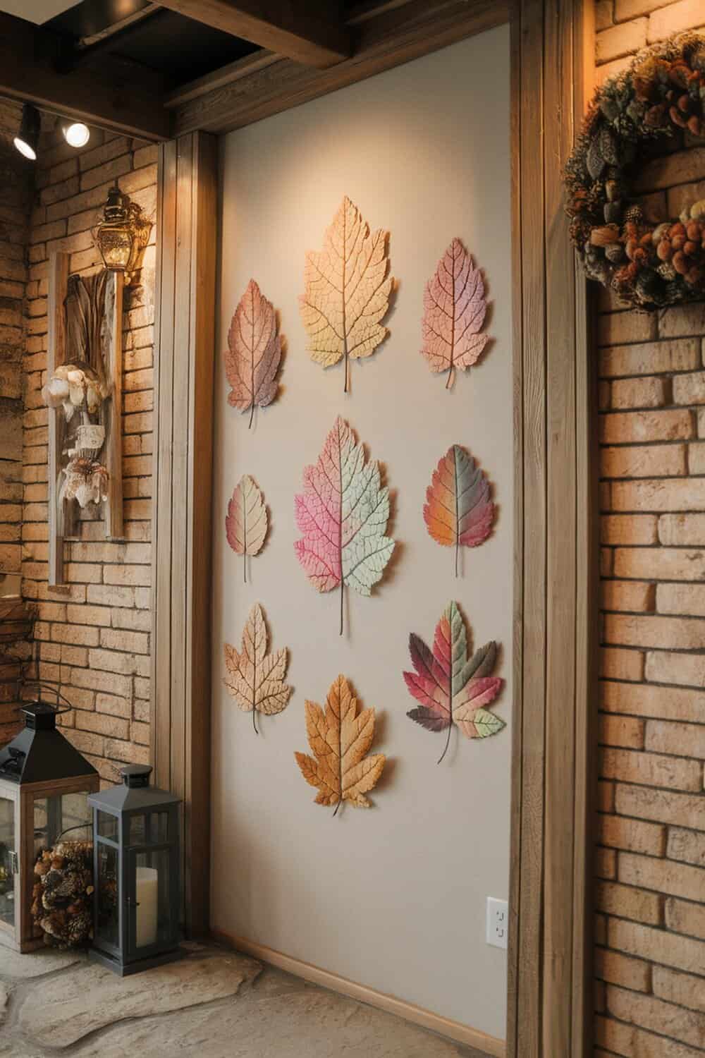 Colorful leaf prints arranged on a wall as holiday decorations.