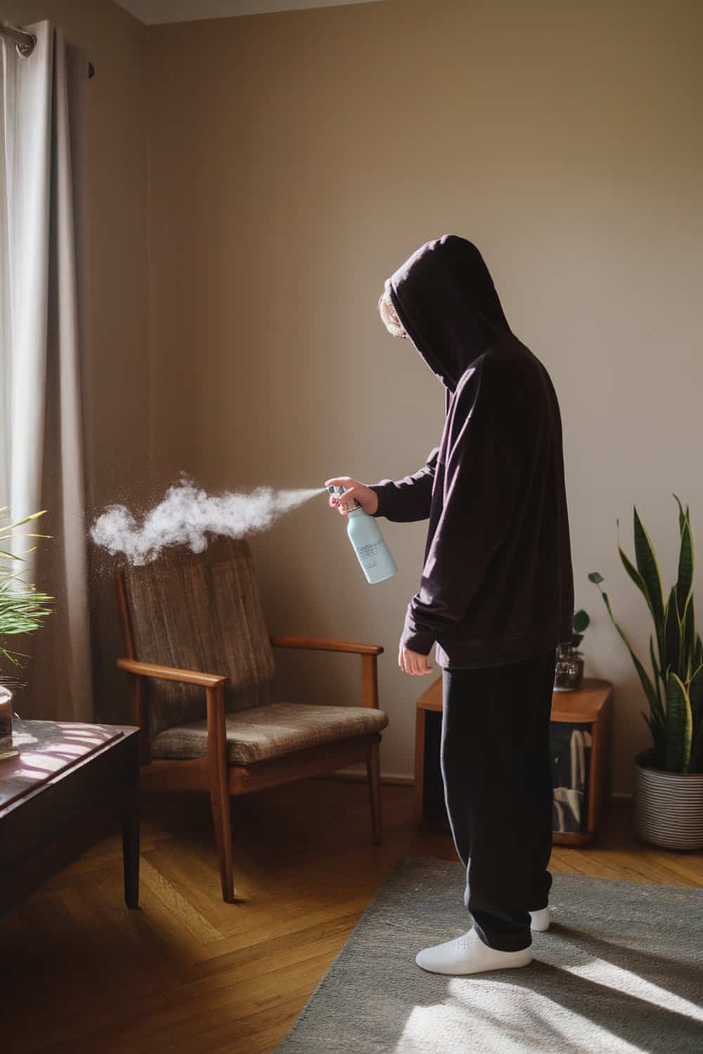 A person spraying air freshener in a cozy room.