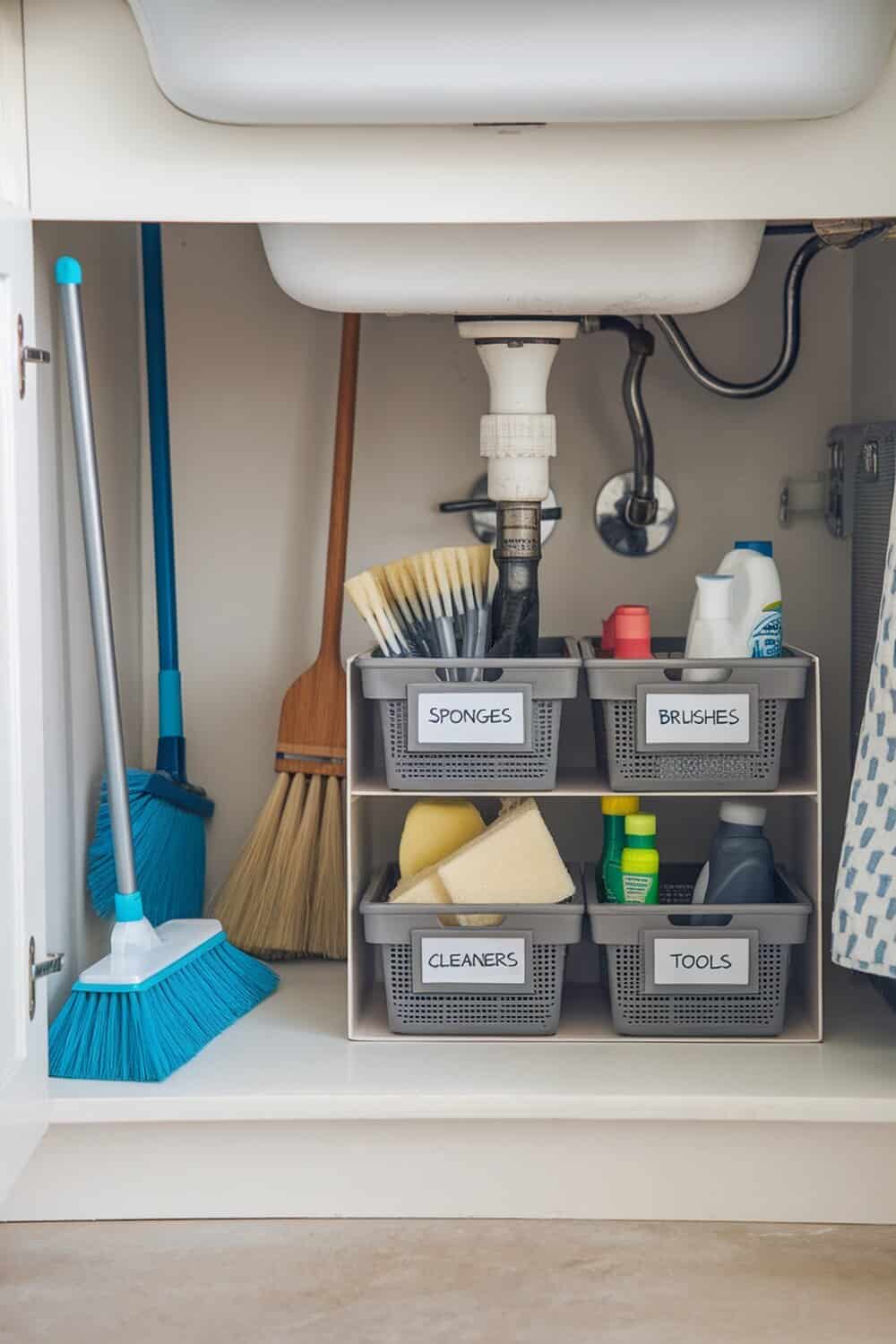 Organized under-sink storage with labeled baskets for cleaning supplies.