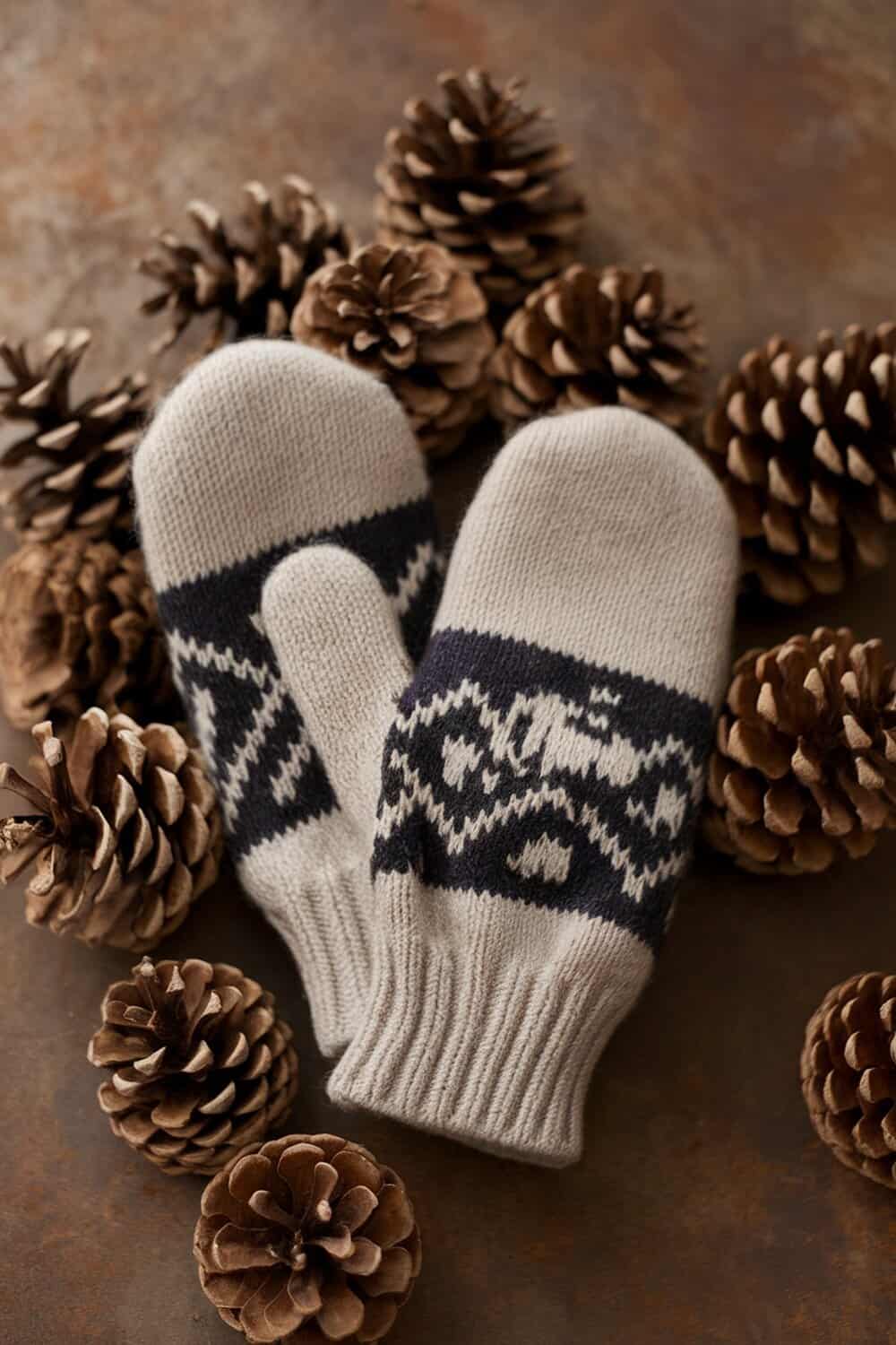 Upcycled sweater mittens surrounded by pinecones.