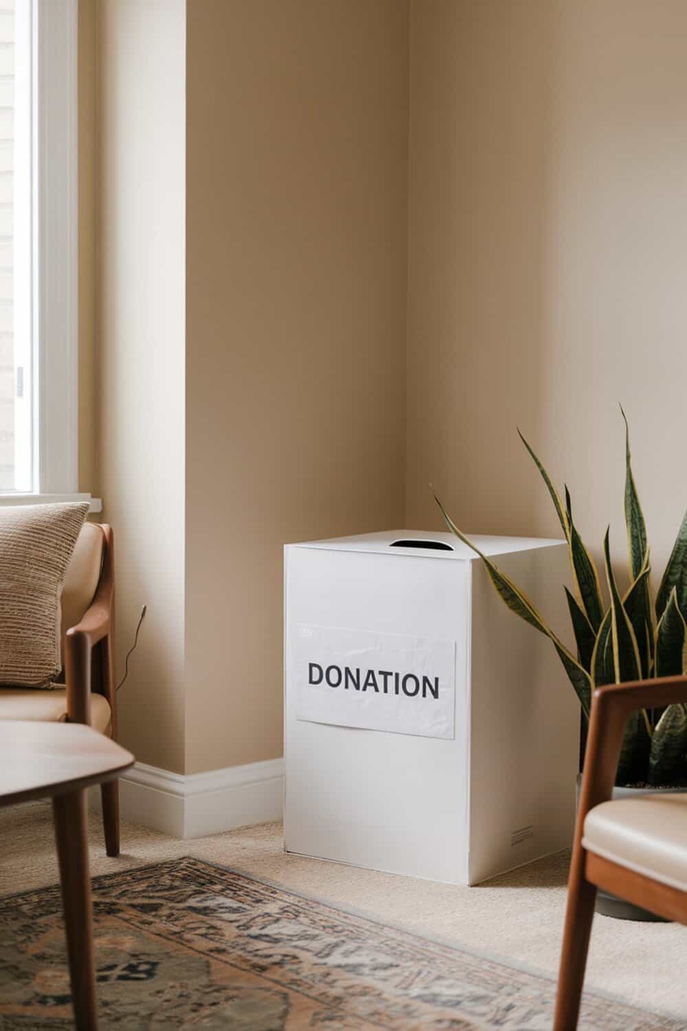 A donation box labeled 'DONATION' in a tidy room corner.