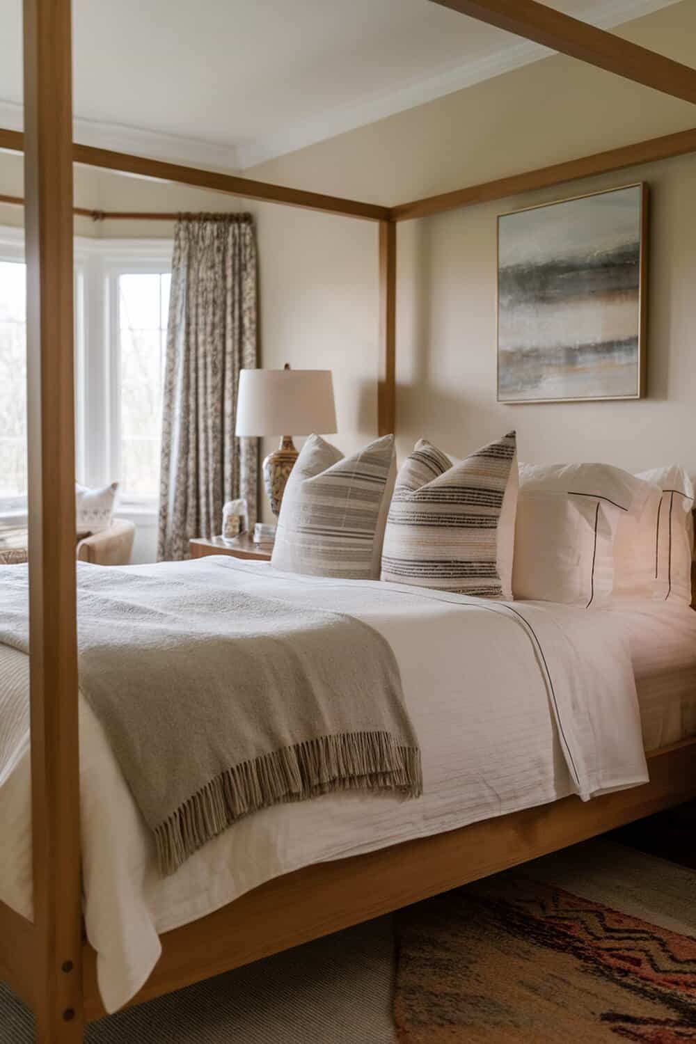 A neatly made bed with decorative pillows and a cozy blanket.
