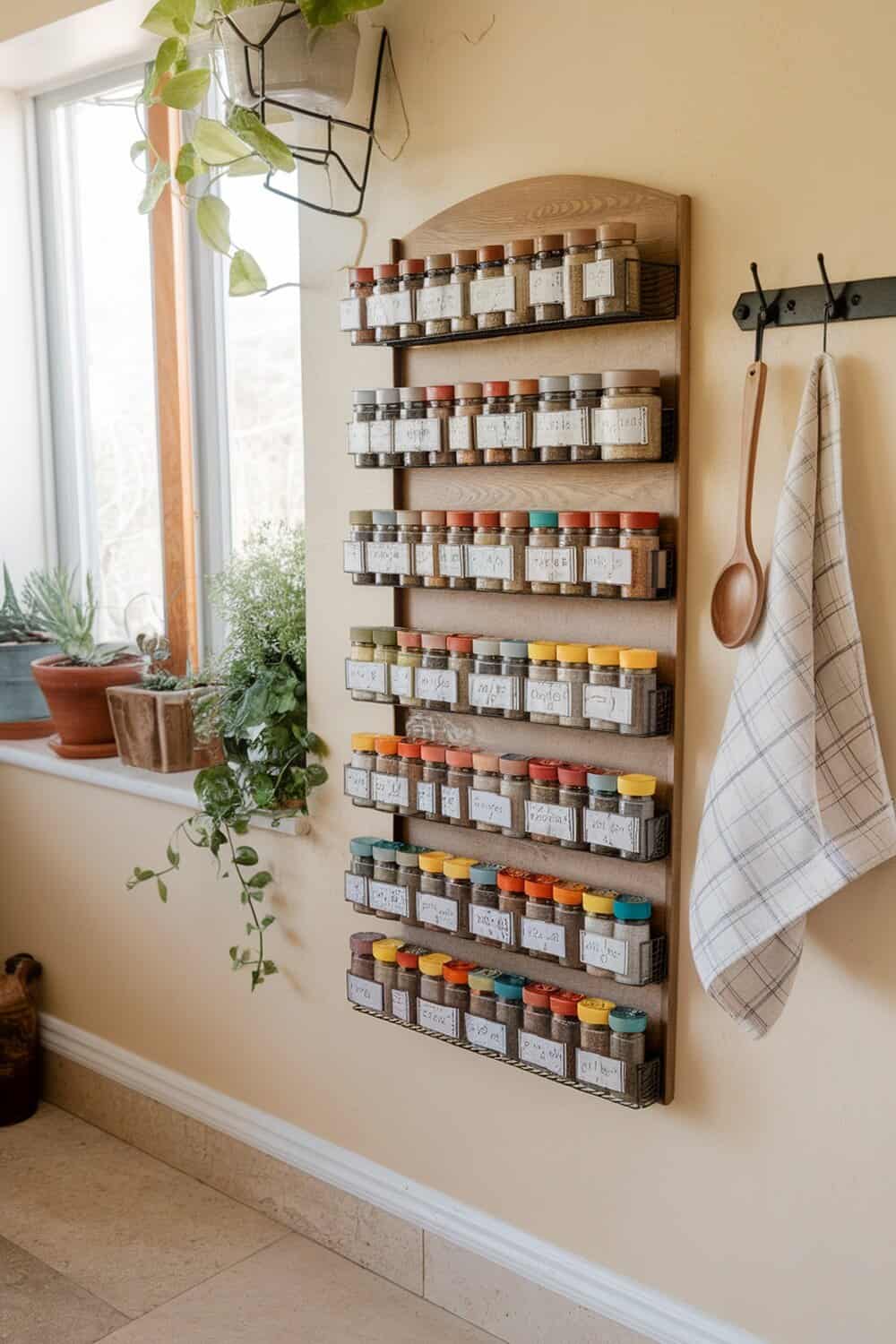 A wall-mounted spice rack displaying various spice jars in a cozy kitchen setting.