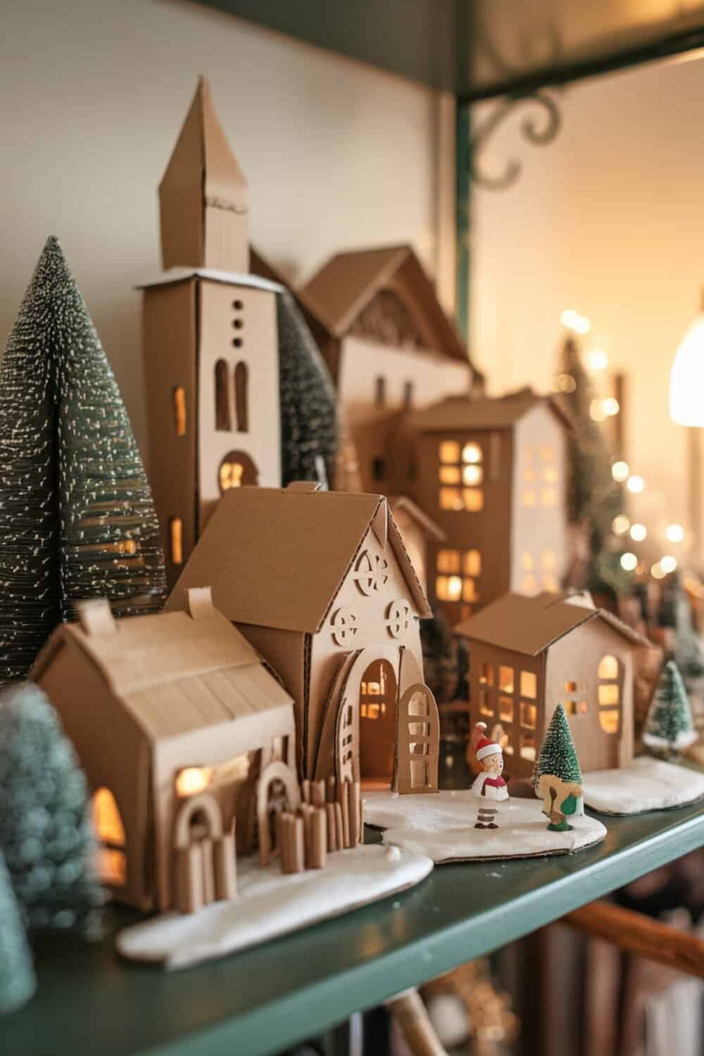 A cozy display of a cardboard Christmas village with houses and trees.