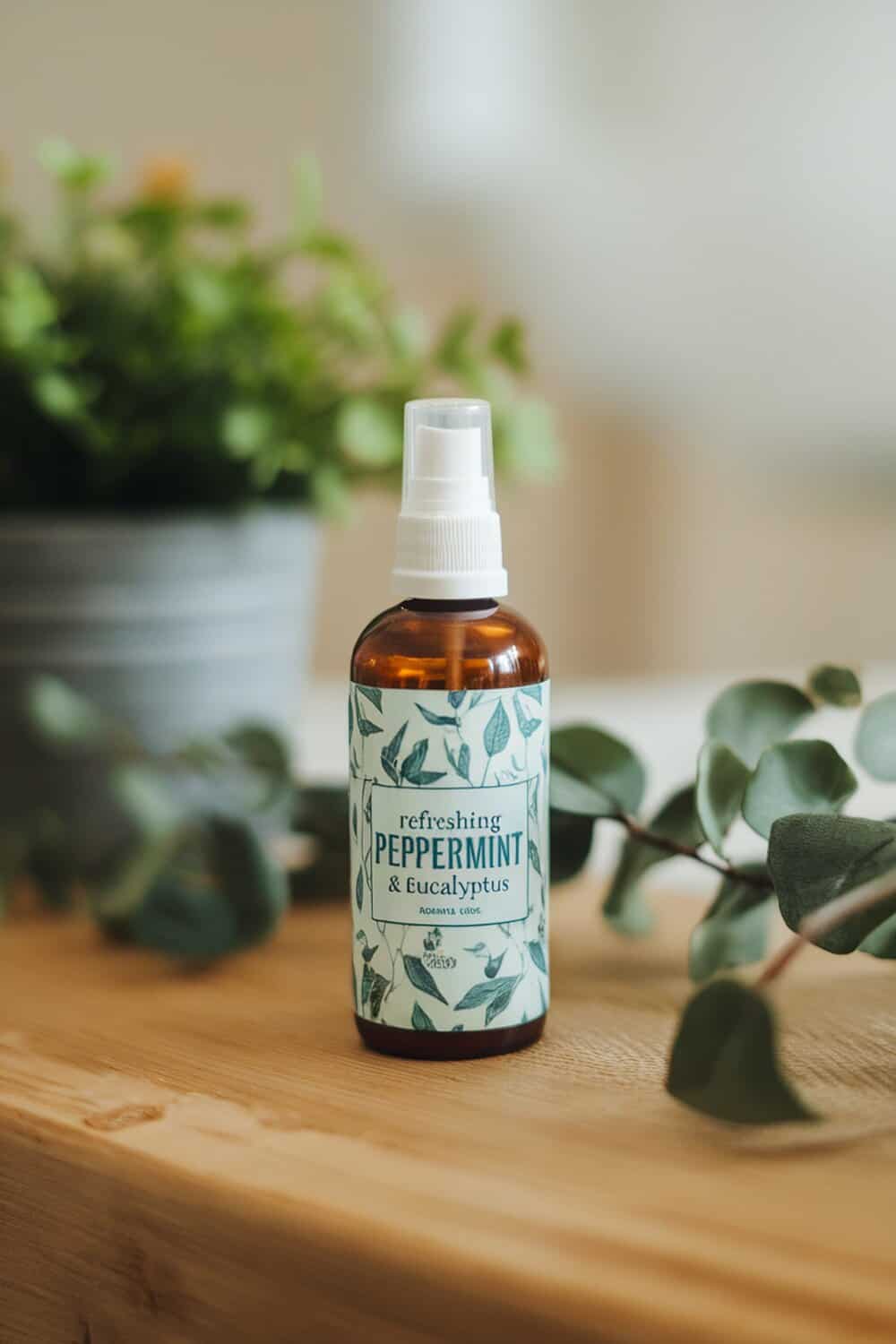 A bottle of peppermint and eucalyptus spray on a wooden surface with greenery in the background.