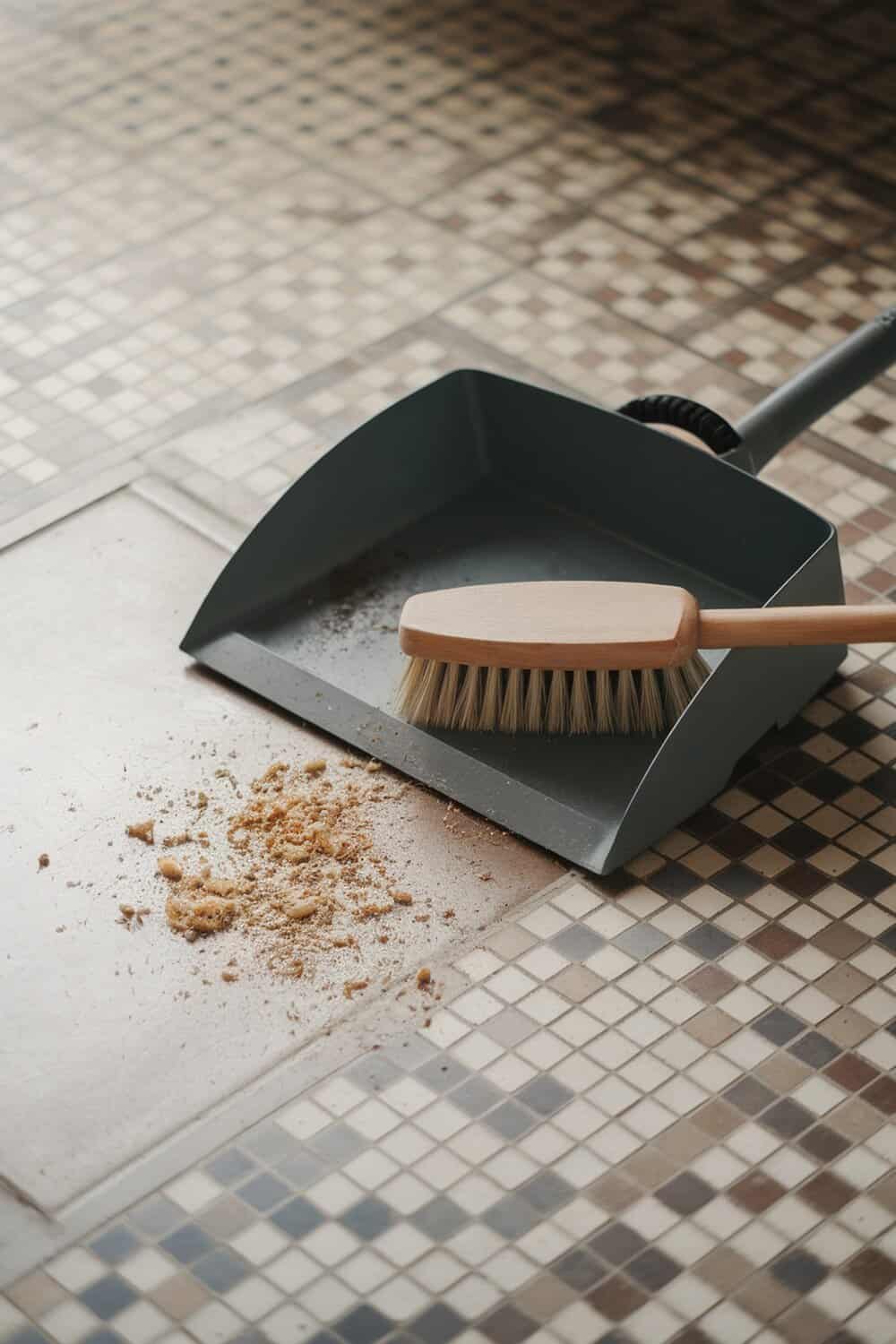 A dustpan and brush set on a tiled floor with crumbs