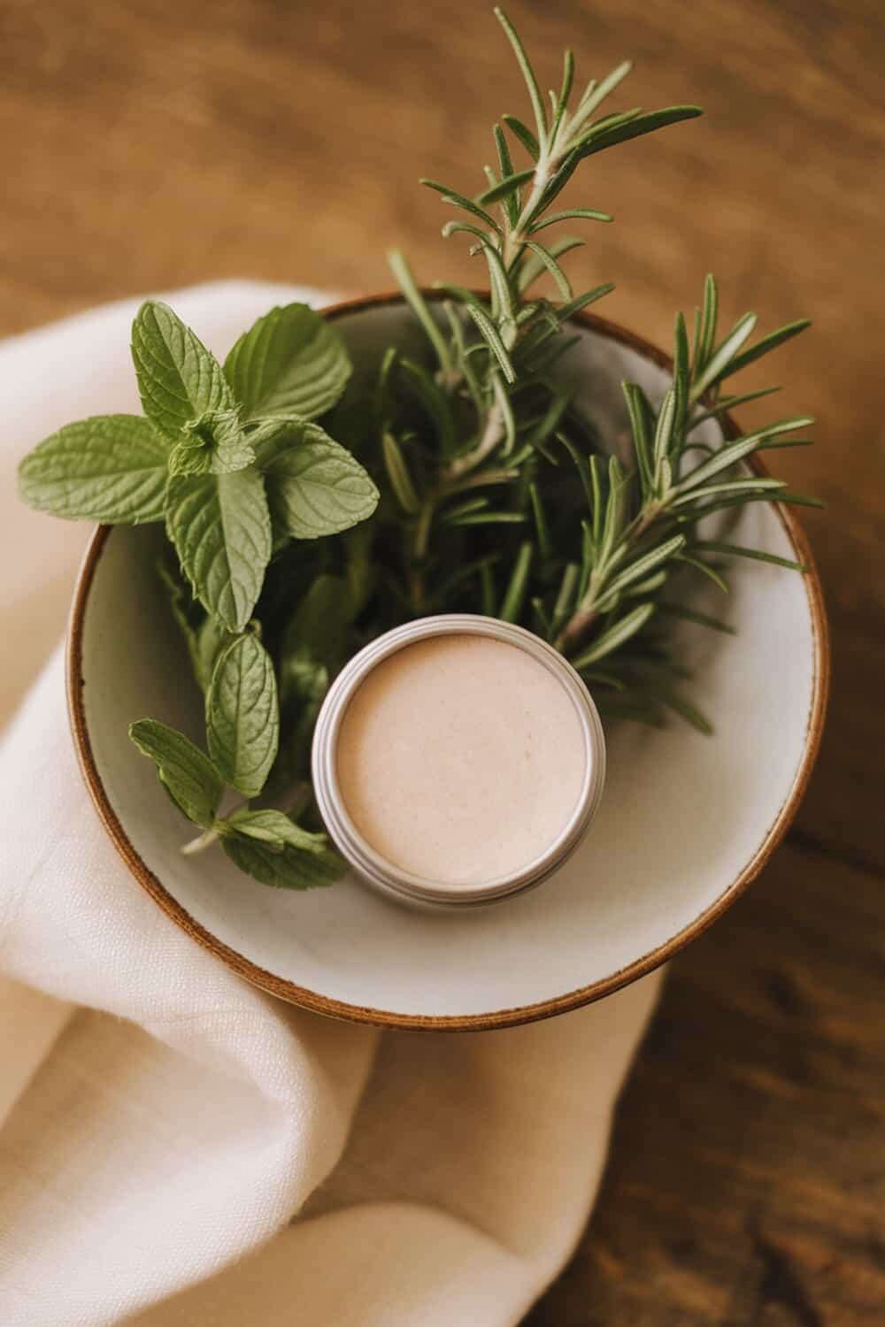 A bowl containing fresh peppermint leaves, rosemary sprigs, and a small tin.