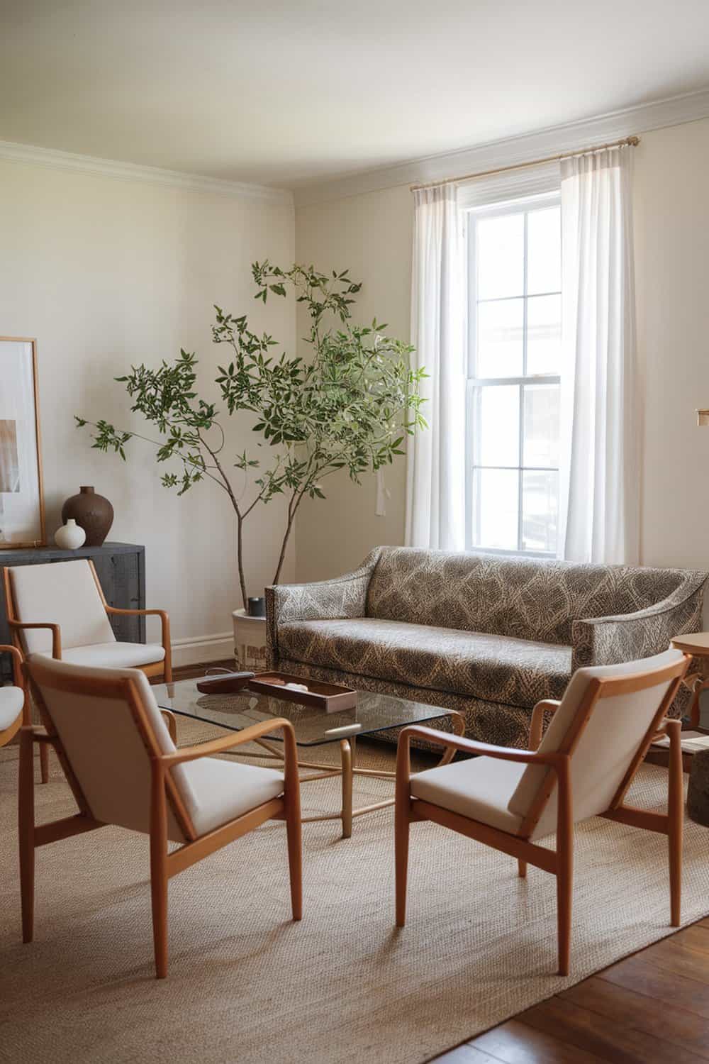 A cozy living room with a sofa, two chairs, and a plant by the window.