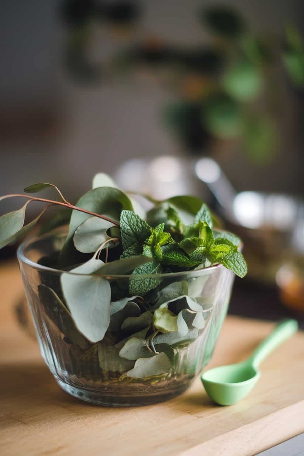 A bowl filled with eucalyptus leaves and mint leaves on a wooden surface.