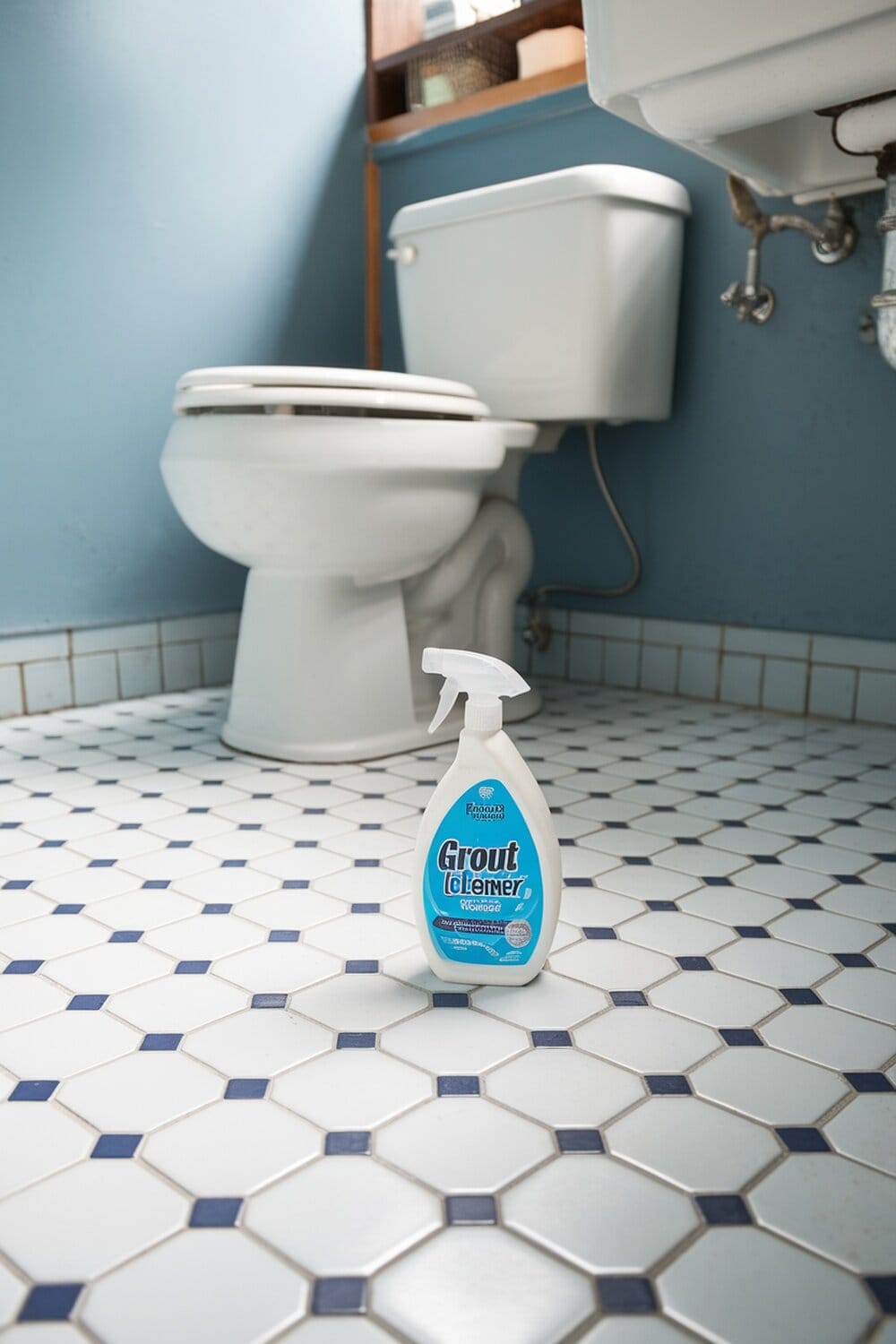A bottle of grout cleaner on a tiled bathroom floor.