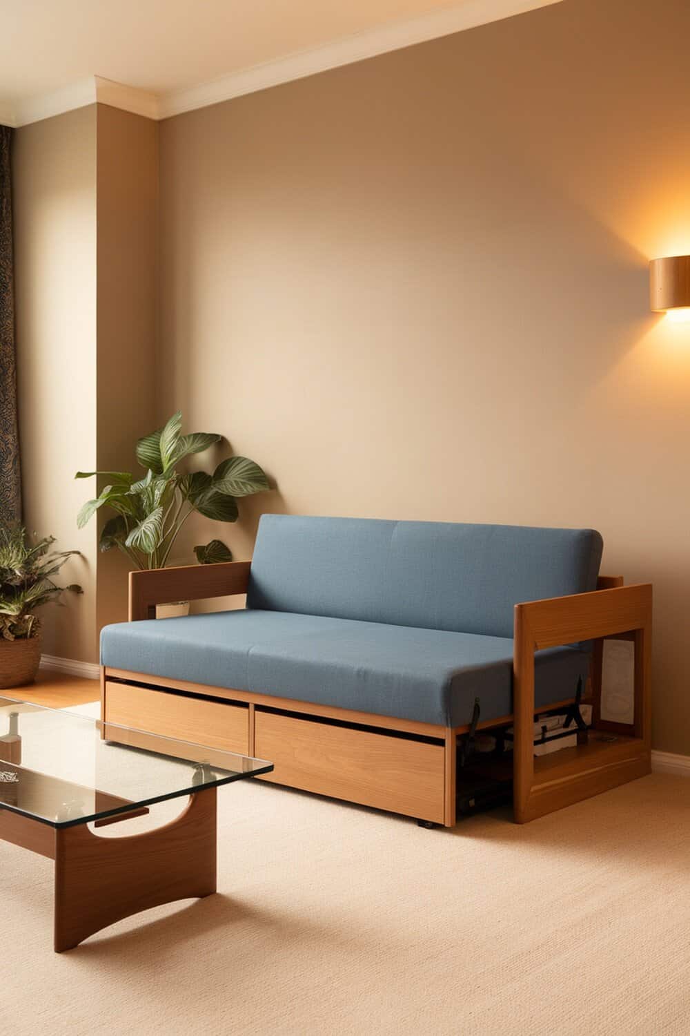 A stylish multi-functional sofa in a cozy living room setting.