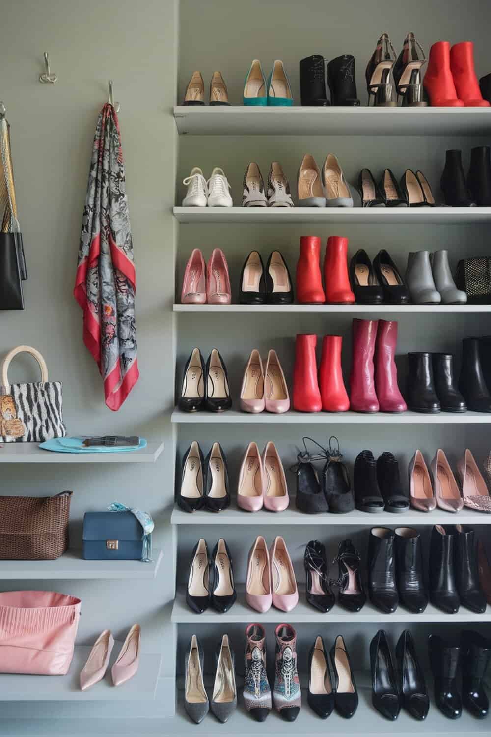 Organized shoe storage with various styles of shoes on shelves.