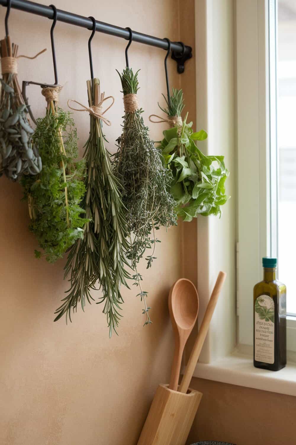 A collection of dried herb bundles hanging on a rack in a kitchen.