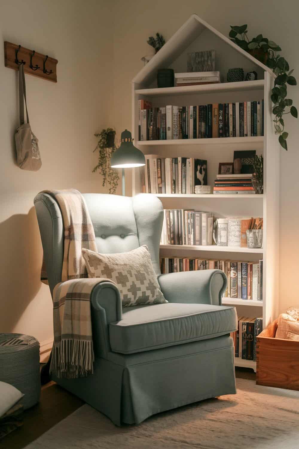 A cozy reading nook with a comfortable chair, a small bookshelf filled with books, and a warm lamp.