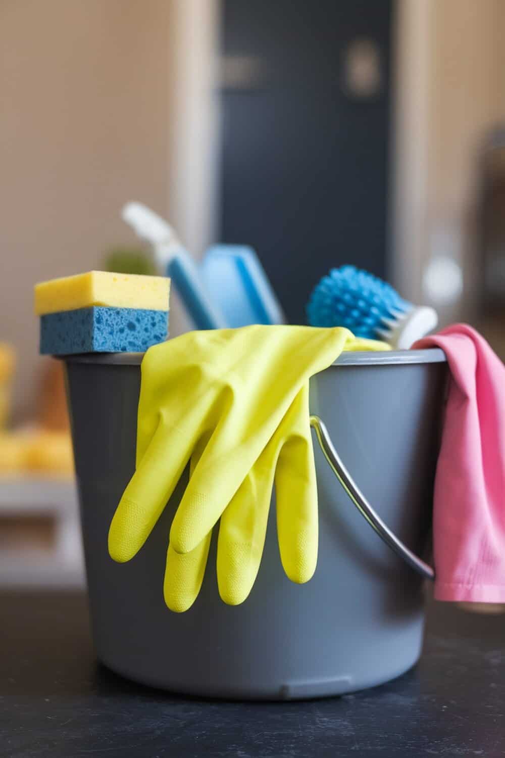 A pair of yellow rubber gloves resting on the edge of a gray bucket filled with cleaning supplies.