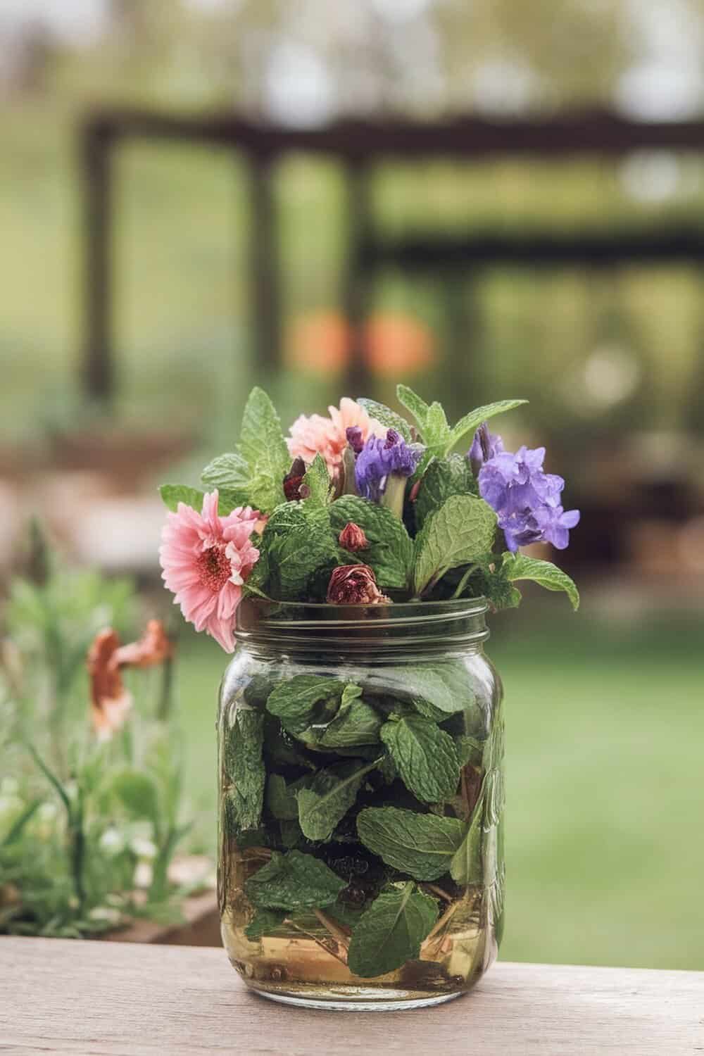 A jar filled with fresh mint leaves and colorful flowers, set against a blurred green background.