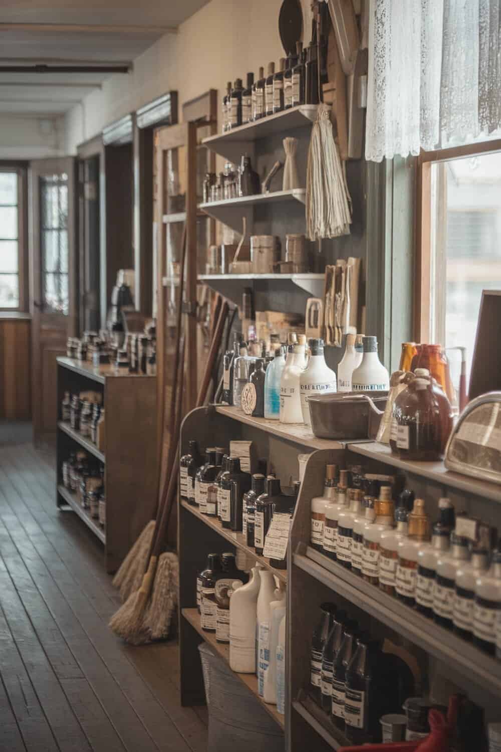 A vintage shop displaying various cleaning supplies on shelves.