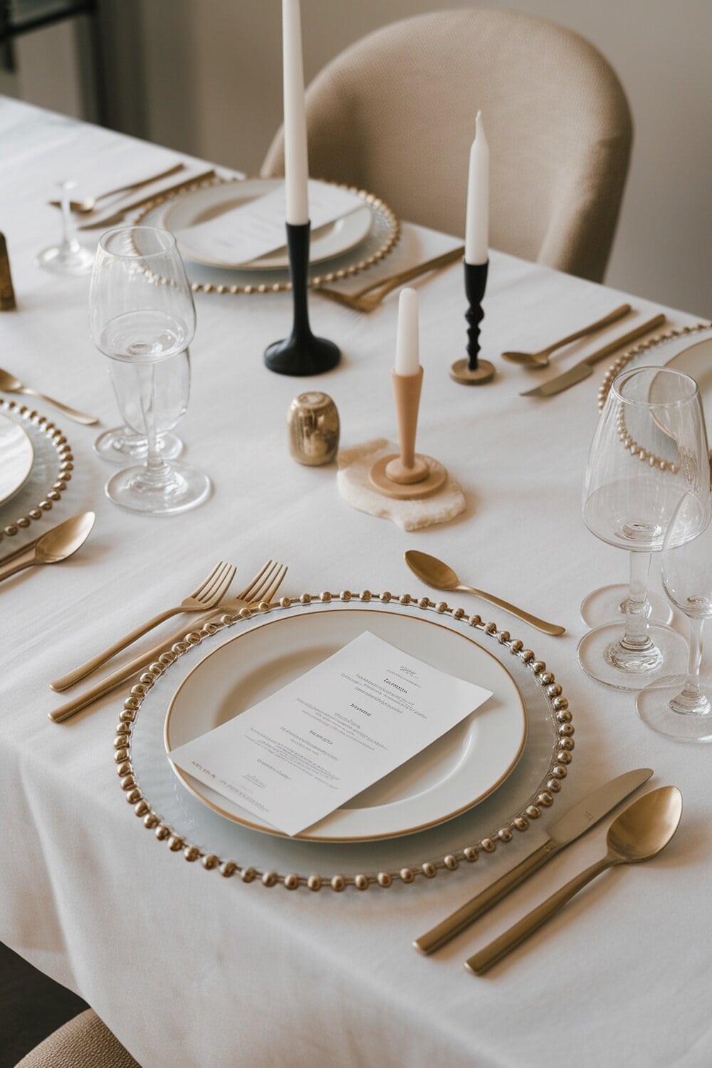 A beautifully set dining table with elegant plates, glasses, and candles.