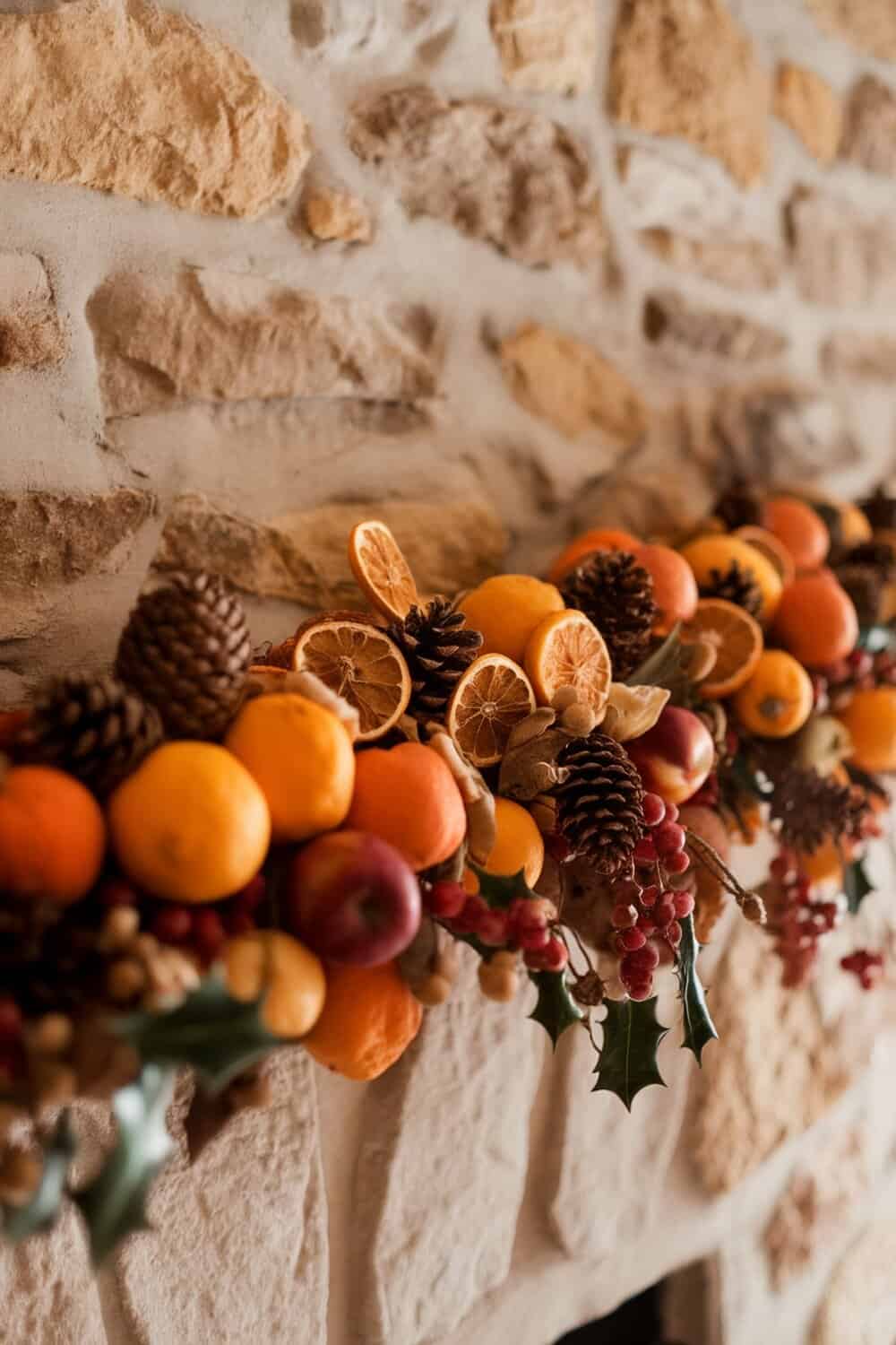 A garland made of colorful fruits, pinecones, and greenery, displayed on a stone fireplace.