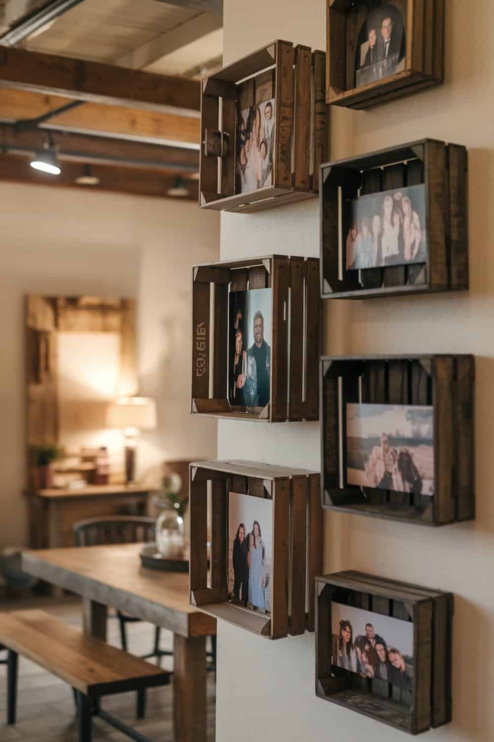 Wooden crates used as photo frames on a wall, displaying various pictures.