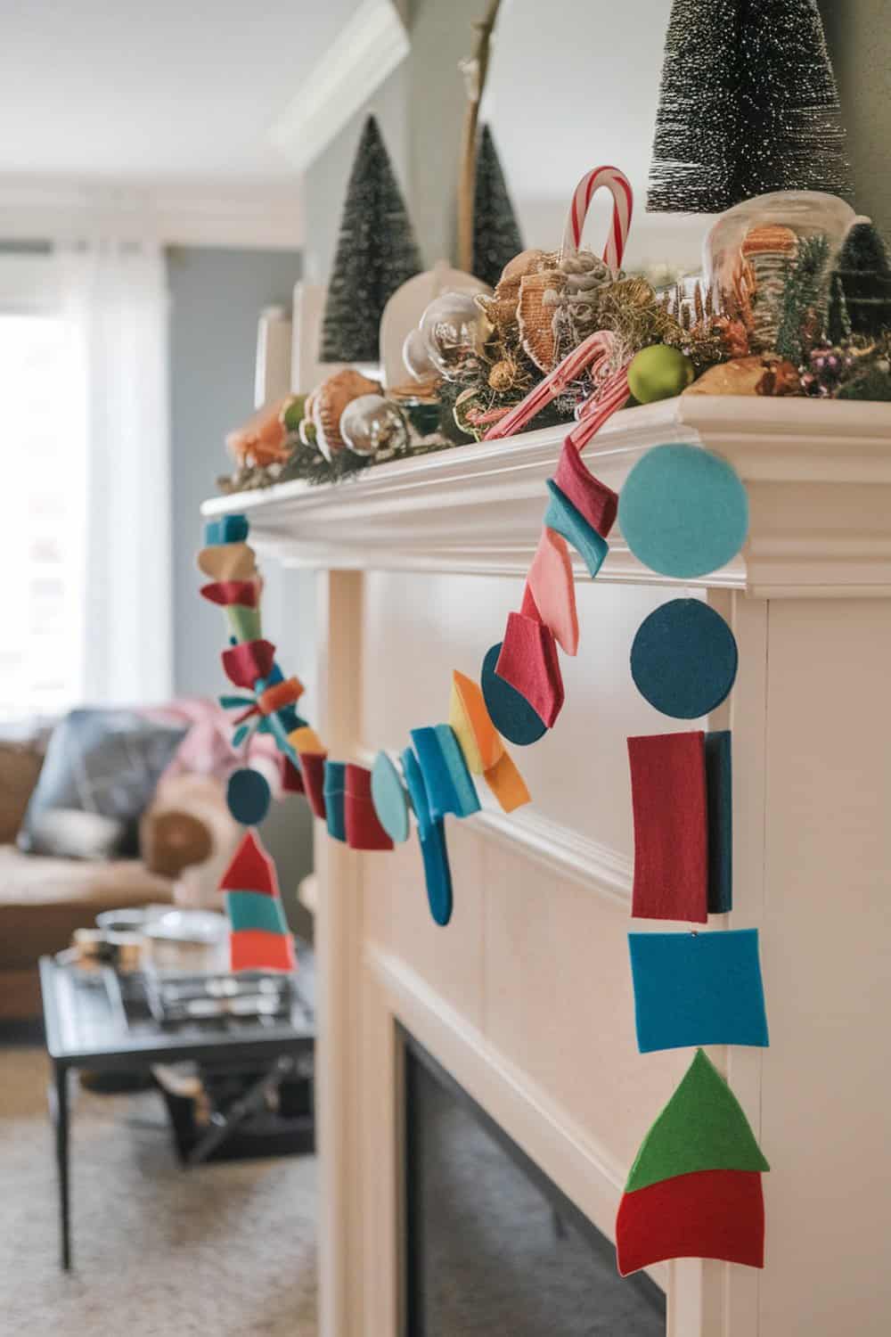 A colorful felt scraps garland hanging on a mantel, featuring various shapes in vibrant colors.