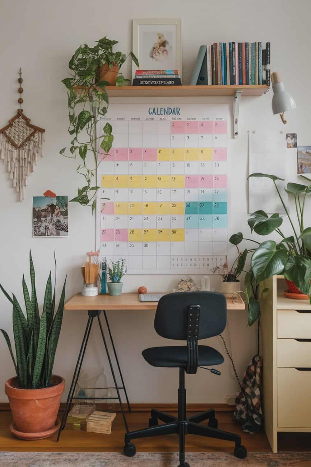 A cozy workspace with a calendar on the wall, plants, and a desk.