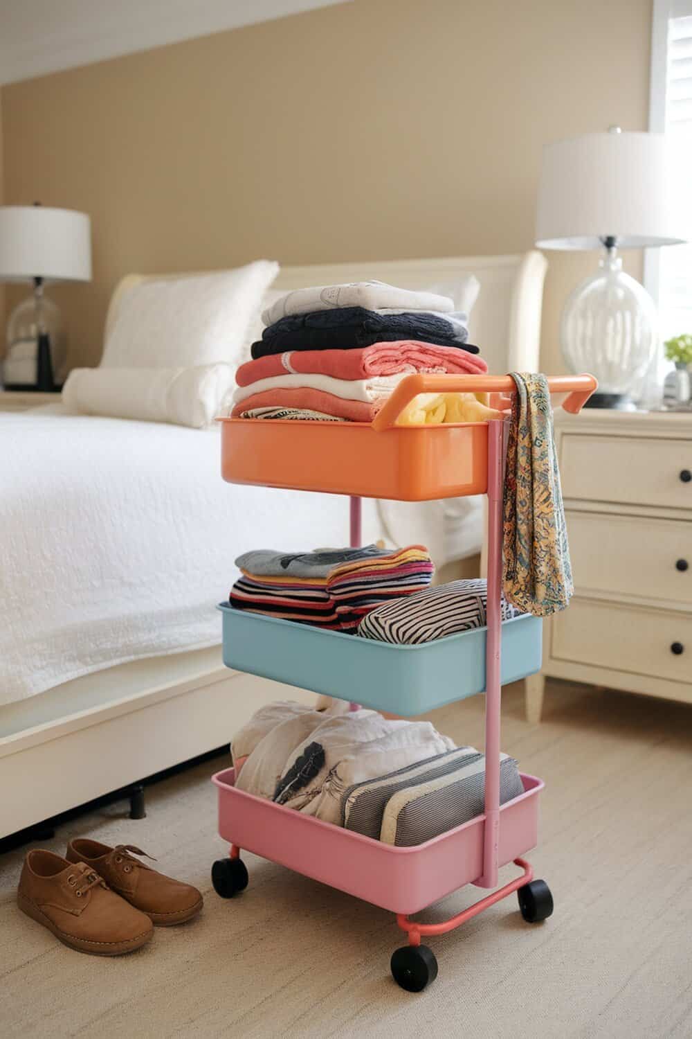 A colorful rolling cart filled with neatly folded clothes, placed beside a bed.