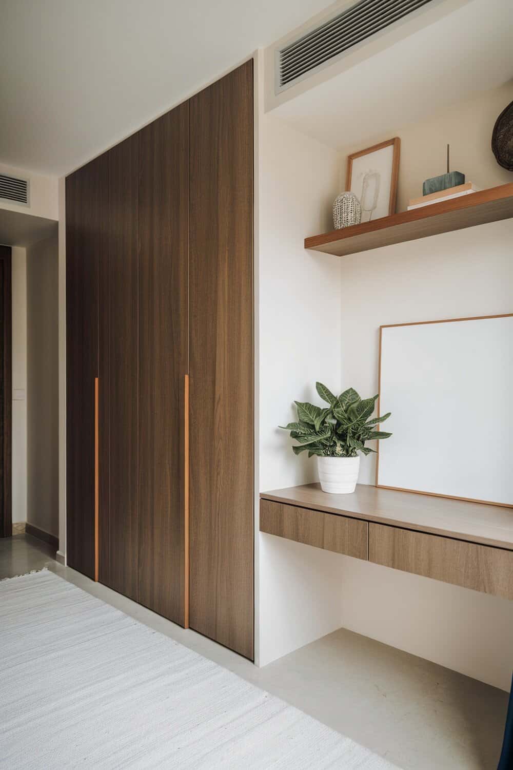 Modern built-in storage with wooden cabinets and a small shelf featuring a plant.