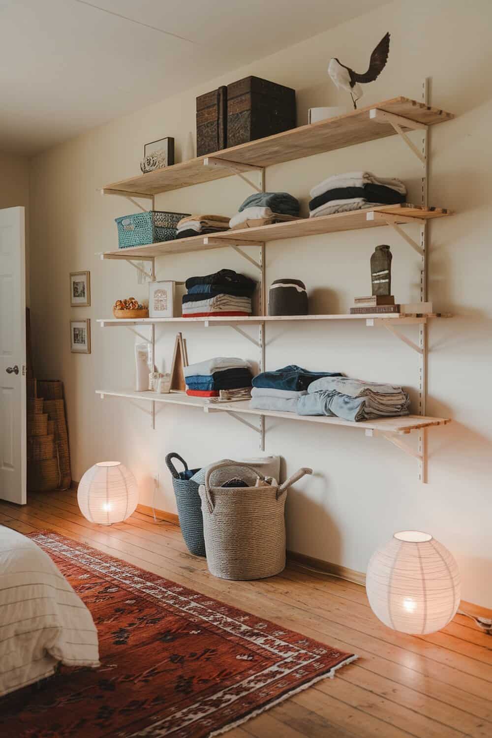 DIY pallet shelves displaying neatly folded clothes and decorative items.